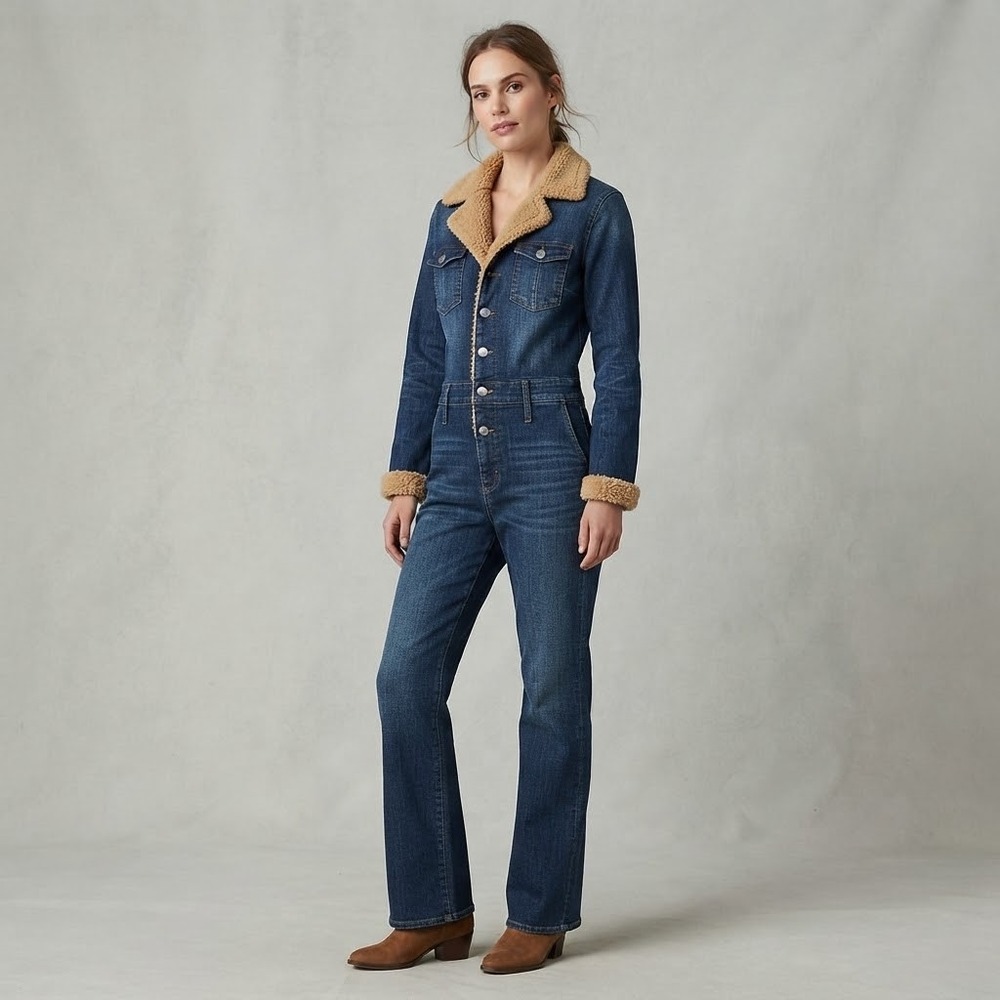 Street Blues Vintage Denim Faux Sherpa Trim Jumpsuit Overalls Womens Large L